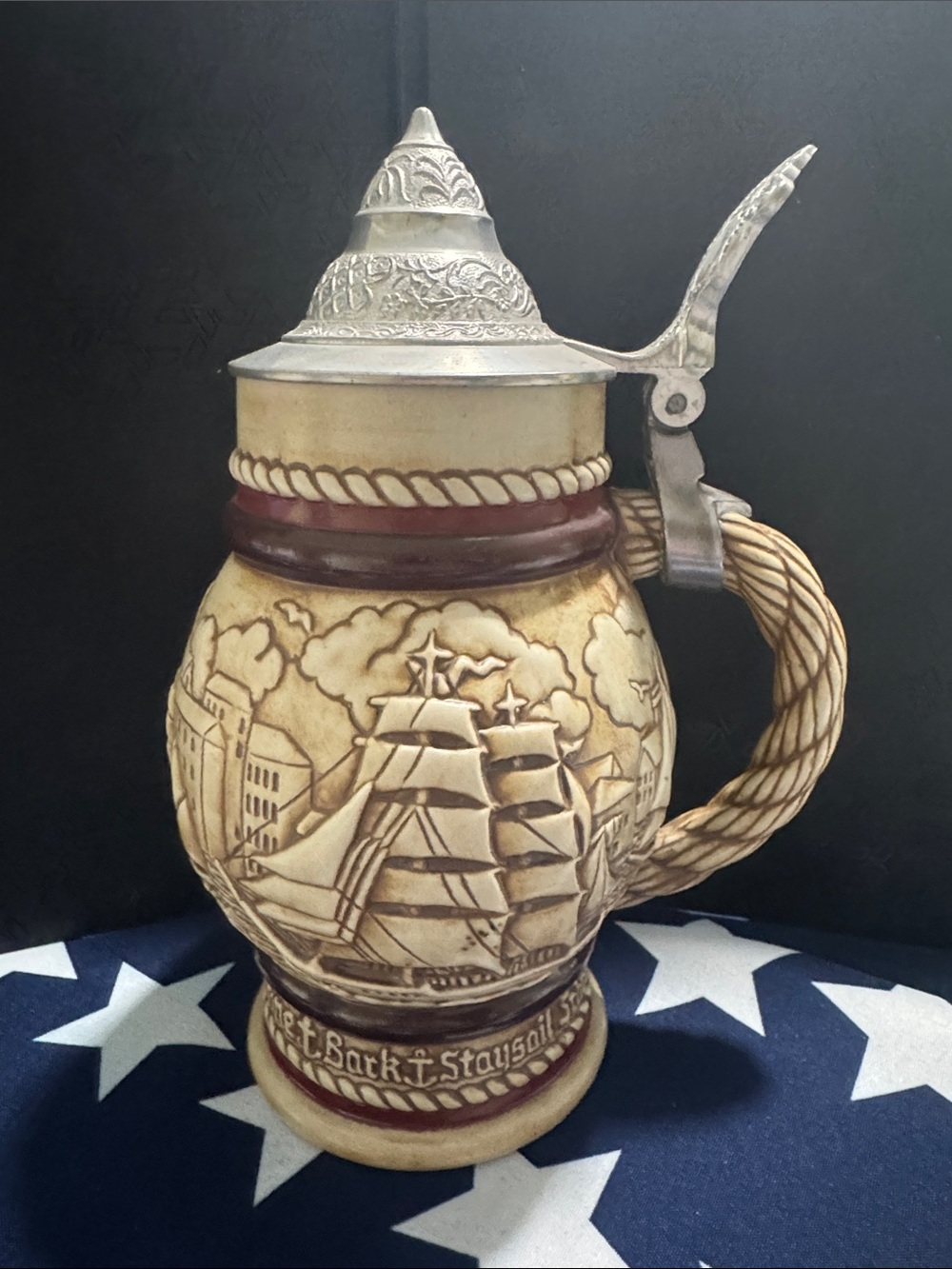 Avon Ceramic Sailing Ship Stein in Cream and Brown with Pewter Lid